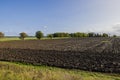 Beautiful autumn landscape on plowed field of land on blue sky background. Royalty Free Stock Photo