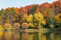 Panoramic view of spectacular autumn landscape with Mirror reflection in lake. Beautiful autumn scenery. Royalty Free Stock Photo
