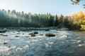 Beautiful autumn landscape on river Kymijoki near the Emperor Alexander lll fishing lodge Langinkoski. Kotka, Finland