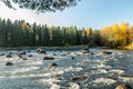 Beautiful autumn landscape on river Kymijoki near the Emperor Alexander lll fishing lodge Langinkoski. Kotka, Finland