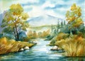 Beautiful autumn landscape with river and mountains, watercolor painting illustration Royalty Free Stock Photo