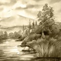Beautiful autumn landscape with river and mountains, watercolor painting illustration Royalty Free Stock Photo