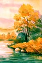 Beautiful autumn landscape with river and mountains, watercolor painting illustration Royalty Free Stock Photo