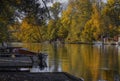Beautiful Autumn landscape surround a wooden lake pier Royalty Free Stock Photo