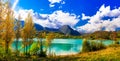 Beautiful autumn landscape with turquoise lake Lago di Castel Sa Royalty Free Stock Photo