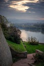Beautiful autumn landscape, view of the Danube river Petrovaradin fortress and Novi Sad on cloudy rainy day Royalty Free Stock Photo