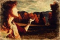 Beautiful Autumn Landscape And Woman Old Photo Effect.