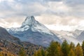 Beautiful autumn landscapes. Amazing sunset in the Swiss Alps, Zermatt, Switzerland, Europe. Incredible autumn view of