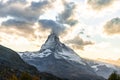 Beautiful autumn landscapes. Amazing sunset in the Swiss Alps, Zermatt, Switzerland, Europe. Incredible autumn view of