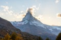 Beautiful autumn landscapes. Amazing sunset in the Swiss Alps, Zermatt, Switzerland, Europe. Incredible autumn view of