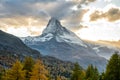 Beautiful autumn landscapes. Amazing sunset in the Swiss Alps, Zermatt, Switzerland, Europe. Incredible autumn view of