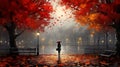 Beautiful autumn landscapes in the rain, nostalgic atmosphere, all the colors of autumn. Generative AI