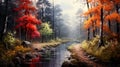 Beautiful autumn landscapes in the rain, nostalgic atmosphere, all the colors of autumn. Generative AI