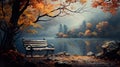 Beautiful autumn landscapes in the rain, nostalgic atmosphere, all the colors of autumn. Generative AI