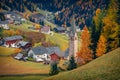 Beautiful autumn long focus view of ruine San Genesio church. Royalty Free Stock Photo