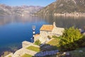 Beautiful autumn Mediterranean landscape. Montenegro. View of Kotor Bay, two small islands and ancient church Royalty Free Stock Photo