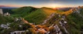 Beautiful autumn morning above green forest valley in national p Royalty Free Stock Photo