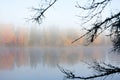 Beautiful autumn morning landscape of Kymijoki river waters in fog. Finland, Kymenlaakso, Kouvola Royalty Free Stock Photo