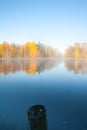 Beautiful autumn morning landscape of Kymijoki river waters in fog. Finland, Kymenlaakso, Kouvola Royalty Free Stock Photo