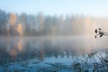 Beautiful autumn morning landscape of Kymijoki river waters in fog. Finland, Kymenlaakso, Kouvola Royalty Free Stock Photo