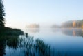 Beautiful autumn morning landscape of Kymijoki river waters in fog. Finland, Kymenlaakso, Kouvola Royalty Free Stock Photo