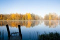 Beautiful autumn morning landscape of Kymijoki river waters and pier in fog. Finland, Kymenlaakso, Kouvola Royalty Free Stock Photo