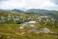 A beautiful autumn mountain landscape with a small lake. Natural scenery in Norwegian mountains. Royalty Free Stock Photo