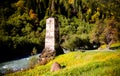 Beautiful autumn mountain landscape with svans tower in Svaneti. Road to Ushguli. Georgia. Toned Royalty Free Stock Photo