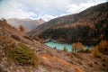 Beautiful autumn landscape with Zmuttbach Damm in Zermatt area