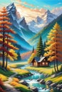 A beautiful autumn mountain scene, with a cabin and a stream, colorful landscape painting, dream scenery art, nature view Royalty Free Stock Photo