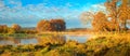 Beautiful autumn nature landscape on riverside. Scenic river nature in october season .Fall. Scenery autumn trees with golden and