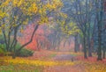 Beautiful autumn park with colorful red and yellow trees in morning mist Royalty Free Stock Photo