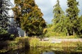 Beautiful autumn park with a pond with lilies