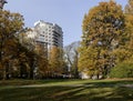 Beautiful autumn park with tall trees with yellow foliage and green grass lawns in Riga. Royalty Free Stock Photo