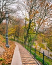 Beautiful autumn park Volodymyrska Hirka or Saint Volodymyr Hill at misty late fall day, Kyiv Kiev, Ukraine. Scenic landscape