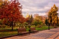 Beautiful autumn park Volodymyrska Hirka or Saint Volodymyr Hill at sunrise, Kyiv Kiev, Ukraine