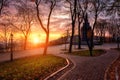 Beautiful autumn park Volodymyrska Hirka or Saint Volodymyr Hill at sunrise, Kyiv Kiev, Ukraine