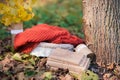 Beautiful autumn photo. Books stacked with string, old stump, wicker basket with a soft plaid. Royalty Free Stock Photo