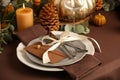 Beautiful autumn place setting and decor on table Royalty Free Stock Photo