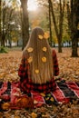 Beautiful autumn portrait of young woman with long natural blonde hair with yellow leaves in red checkered dress. Romantic Girl Royalty Free Stock Photo
