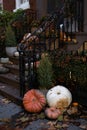 Beautiful Autumn Pumpkin Display on the Stairs to the Entrance of an Old Brownstone Home in Greenwich Village Royalty Free Stock Photo