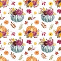 Colorful fall pumpkins seamless pattern. Watercolor orange pumpkin and autumn flowers, leaves and berries on white background. Royalty Free Stock Photo