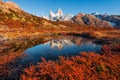 The beautiful autumn reflection of the Monte Fitz Roy Cerro Chalte