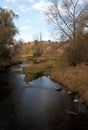 Beautiful Autumn River Landscape With Clouds in Blue Sky Royalty Free Stock Photo