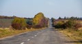 Beautiful autumn road. Autumn background. Country road made of old asphalt among beautiful trees with yellow and orange