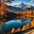 Beautiful autumn scenery. Astonishing morning view of Eibsee lake with Zugspitze mountain range on background. Great
