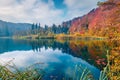 Beautiful autumn scenery. Calm morning scene of Plitvice National Park. Royalty Free Stock Photo