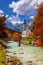 Beautiful autumn scenery. Fabulous morning scene of Parish Church of St. Sebastian. Colorful autumn view of Bavarian Alps, Ramsau Royalty Free Stock Photo