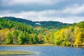 Beautiful autumn scenery with flowting lily pads on lake. Royalty Free Stock Photo