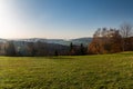 Beautiful autumn scenery from meadow near Kaple sv. Isidora above Hradek village in Slezske Beskydy mountains